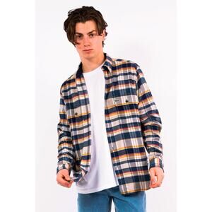 Lacoste Mens Classic Fit Flannel Shirt - Blue Yellow Plaid, Size XL